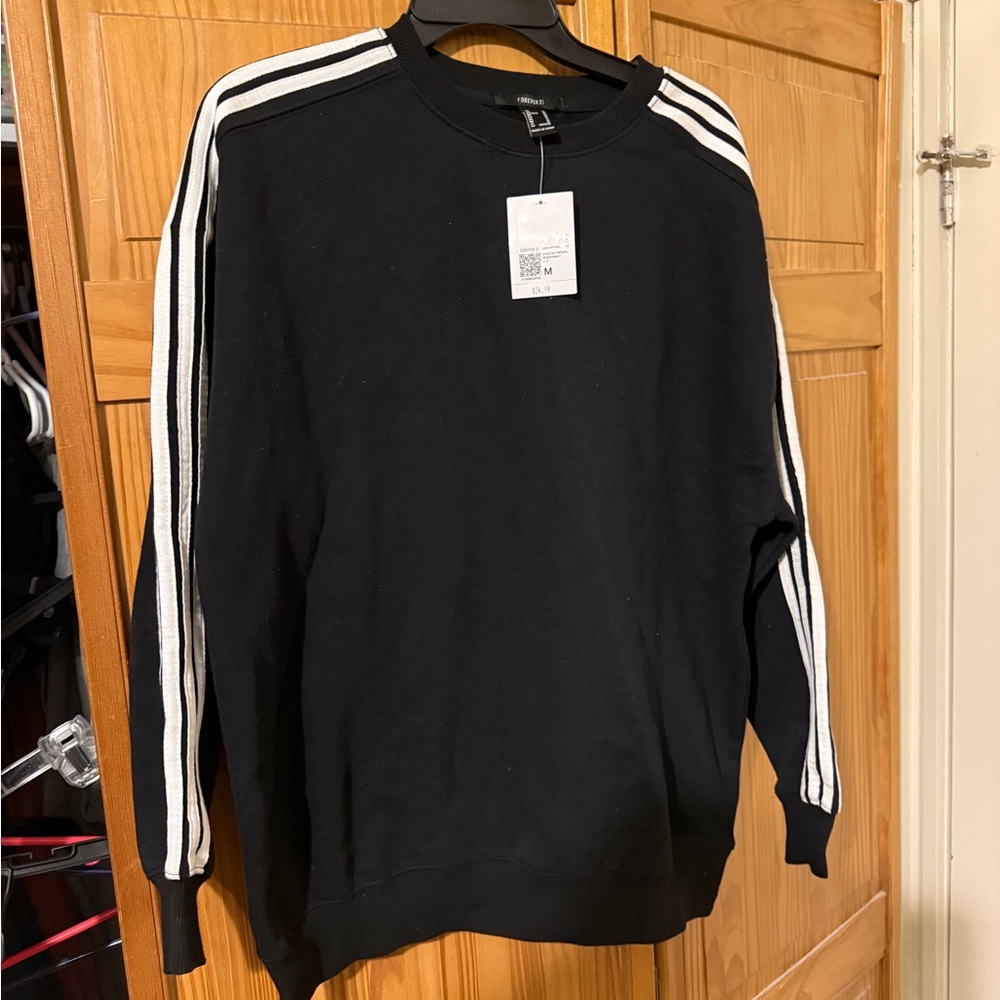 Forever 21 Black Crewneck Sweater with White Stripes